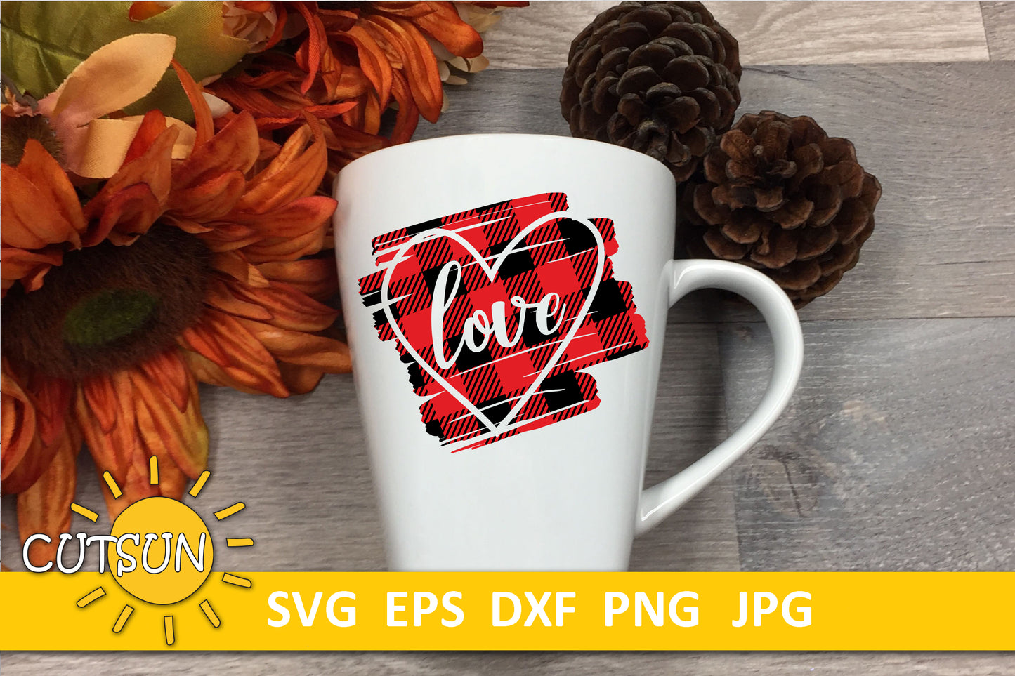 Love and Heart on a Buffalo plaid scribble background cut file