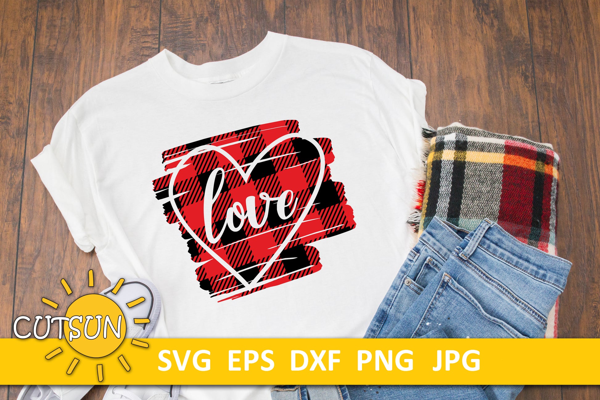Love and Heart on a Buffalo plaid scribble background cut file