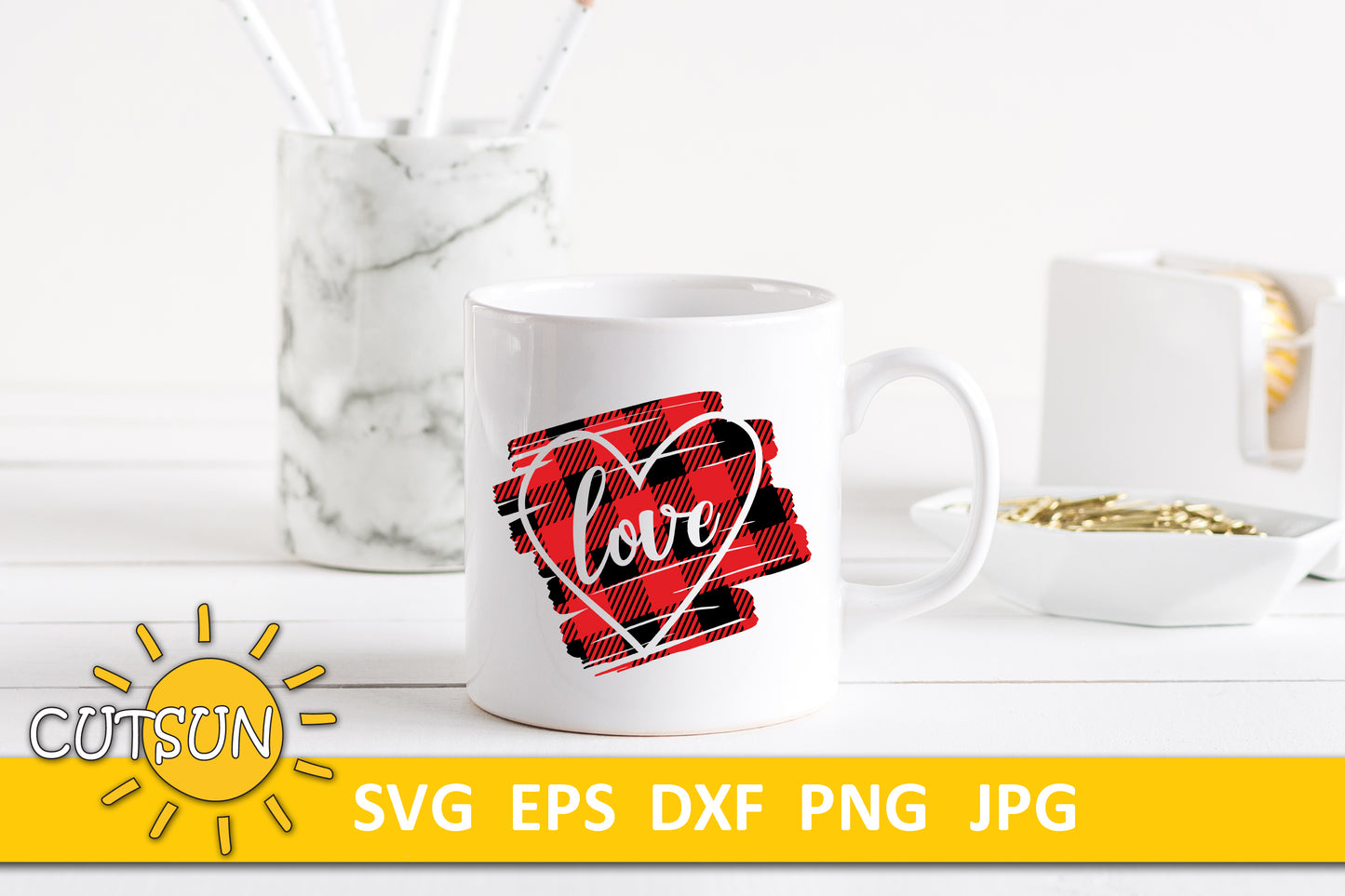 Love and Heart on a Buffalo plaid scribble background cut file