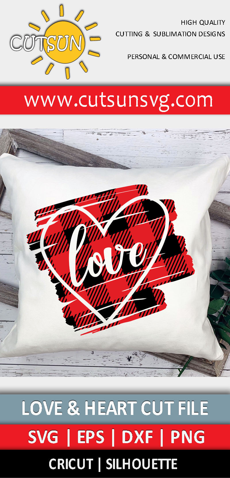Love and Heart on a Buffalo plaid scribble background cut file