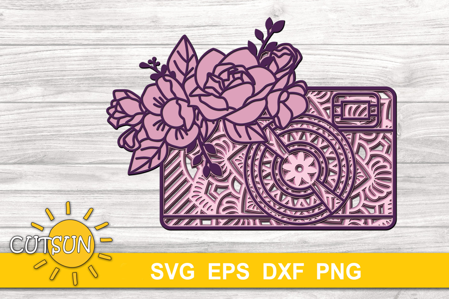 3D layered Floral Retro camera SVG