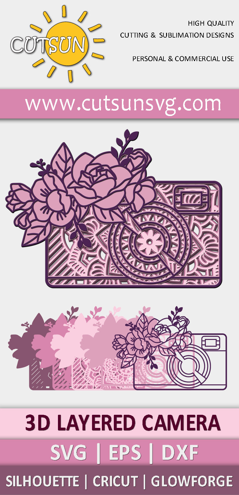 3D layered Floral Retro camera SVG
