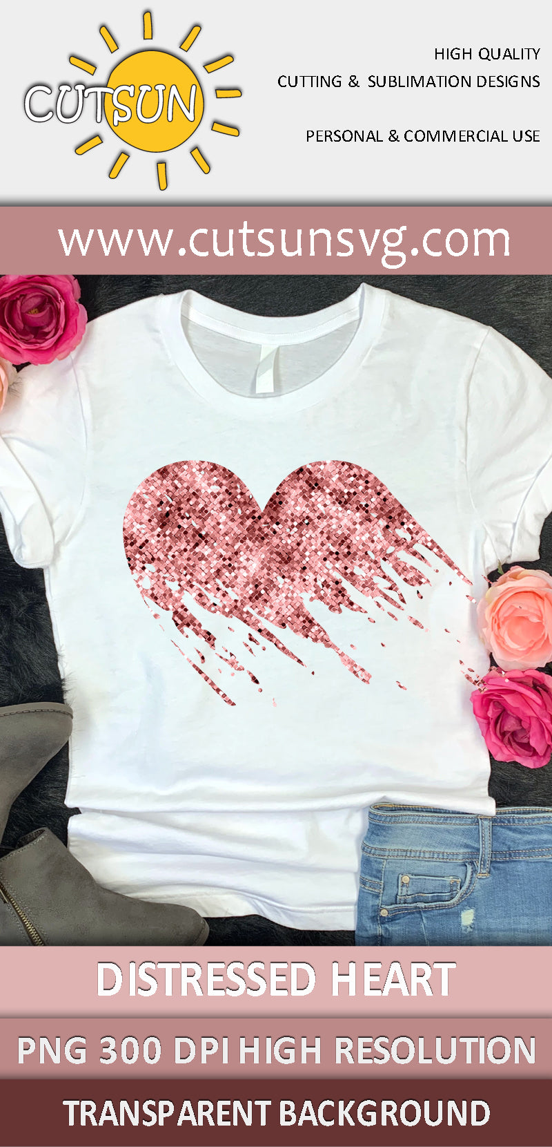 Rose Gold distressed heart sublimation design