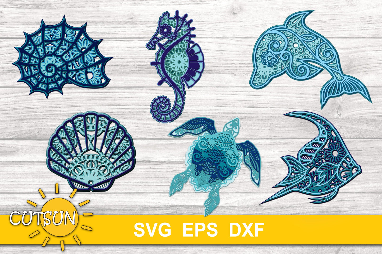 Layered sea animal SVG bundle with dolphin, turtle, seahorse, starfish, seashells – mandala-style ocean designs for laser cutting
