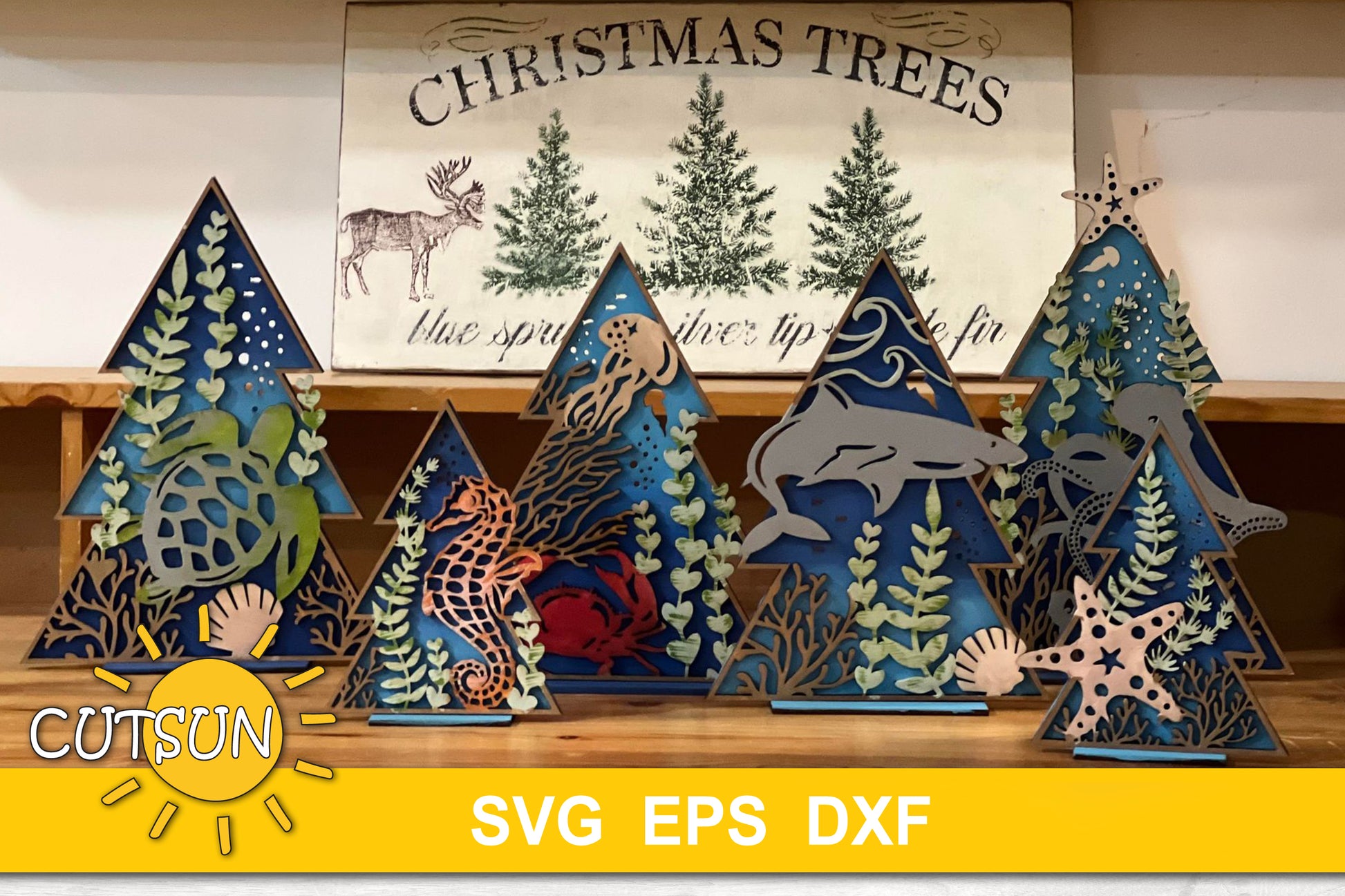 Sea themed standing Christmas trees | Shelf sittes SVG