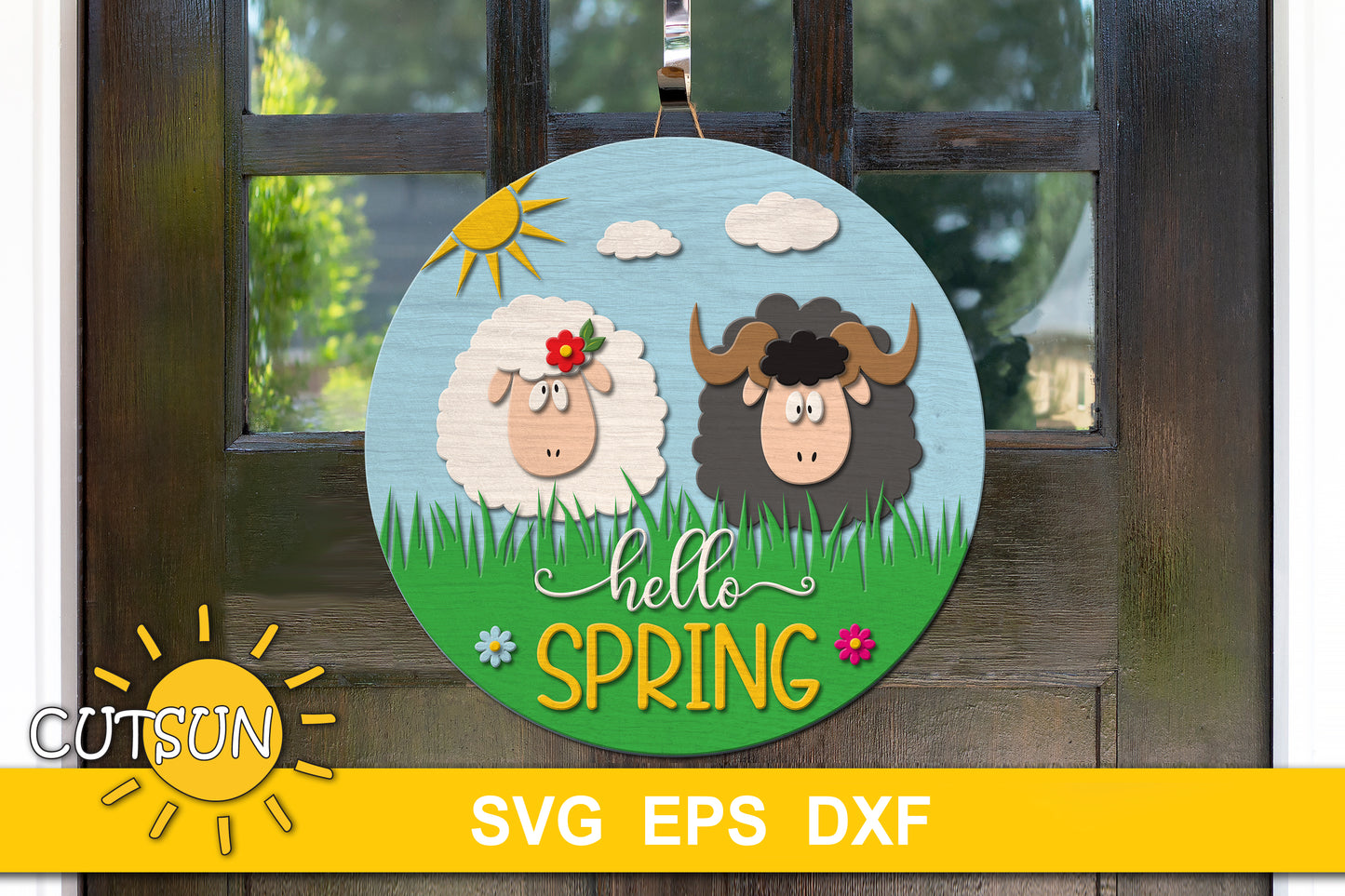 Sheep door hanger SVG | Hello spring door hanger SVG