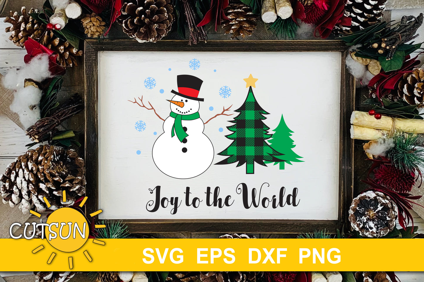 Christmas | Winter scene Snowman, trees and snowflakes Joy to the world