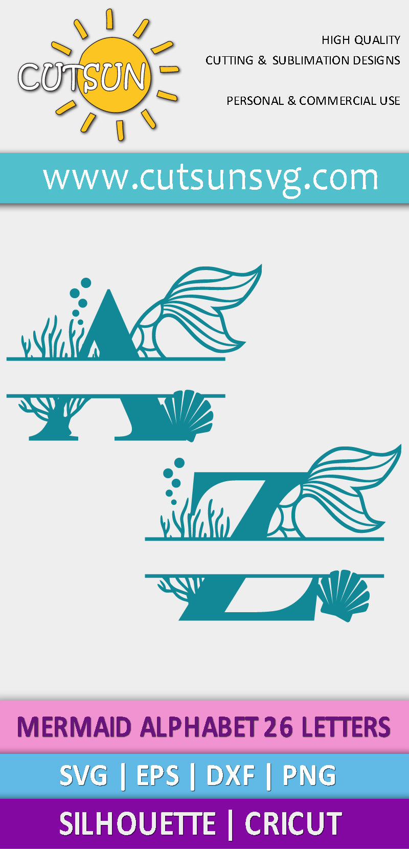 Mermaid Split Alphabet SVG 26 letters | Mermaid Split Monogram SVG