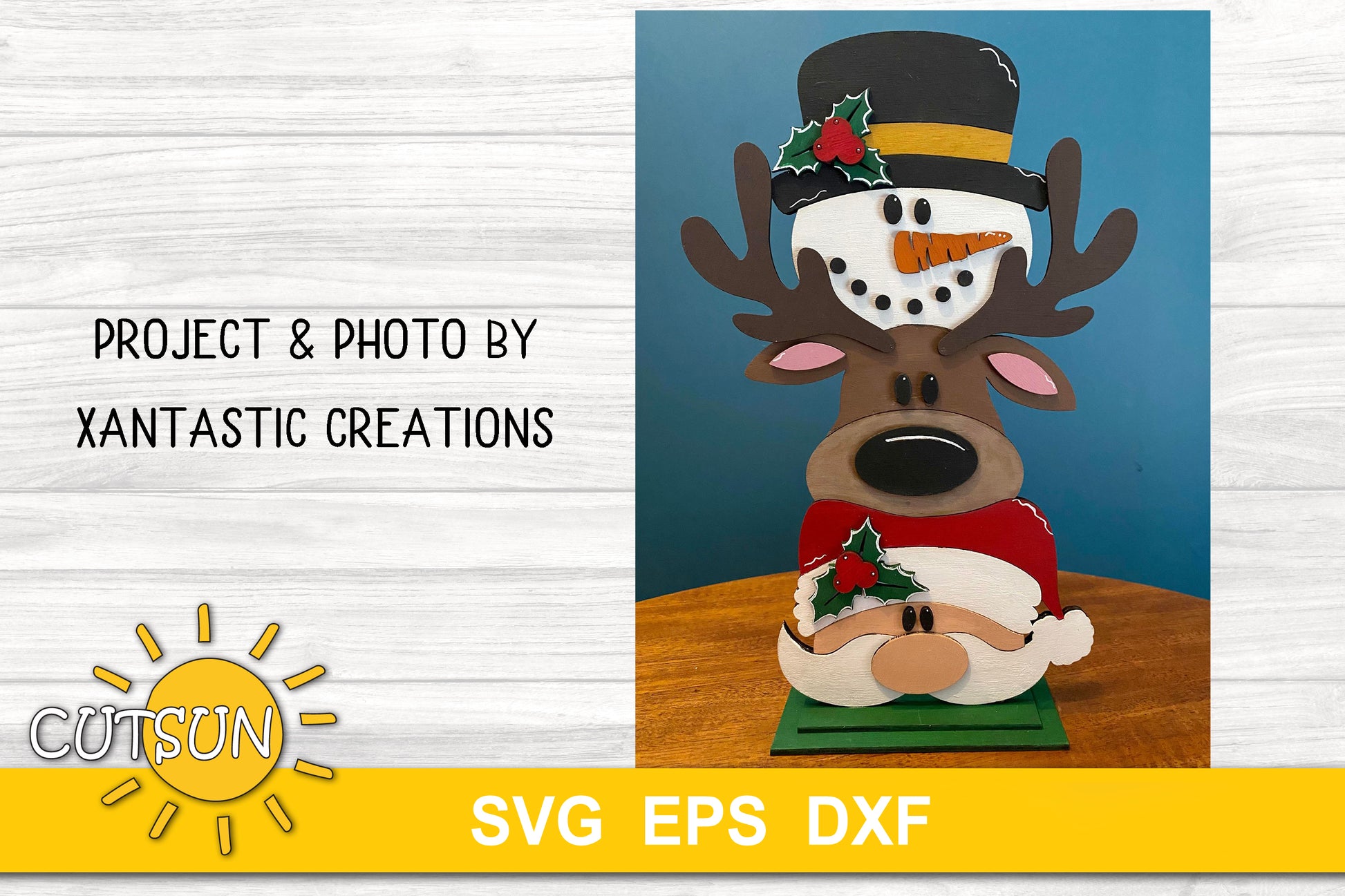 Santa, deer and snowman stacked standing Christmas sign SVG