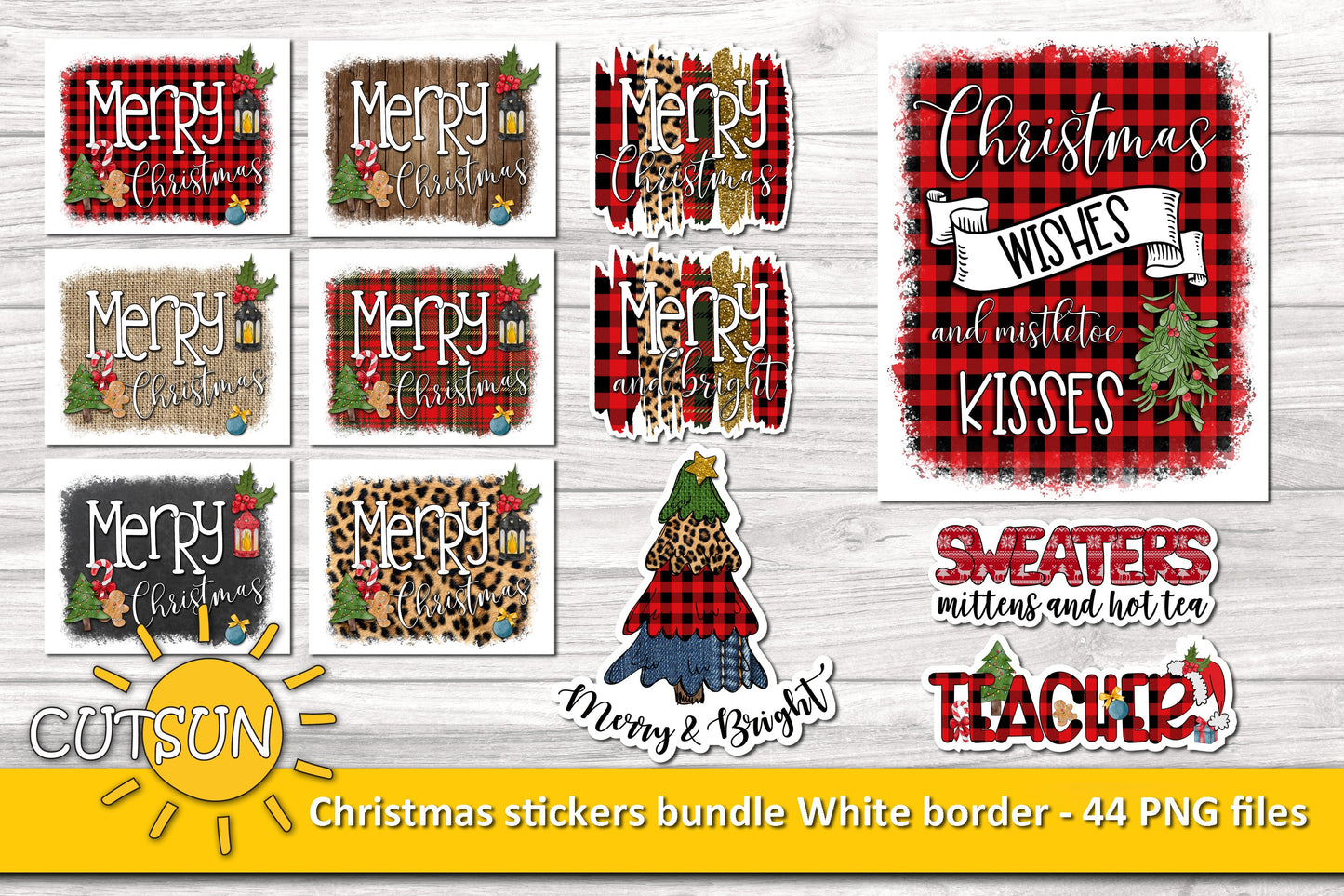 Christmas Print n Cut Stickers bundle White outline - 44 designs