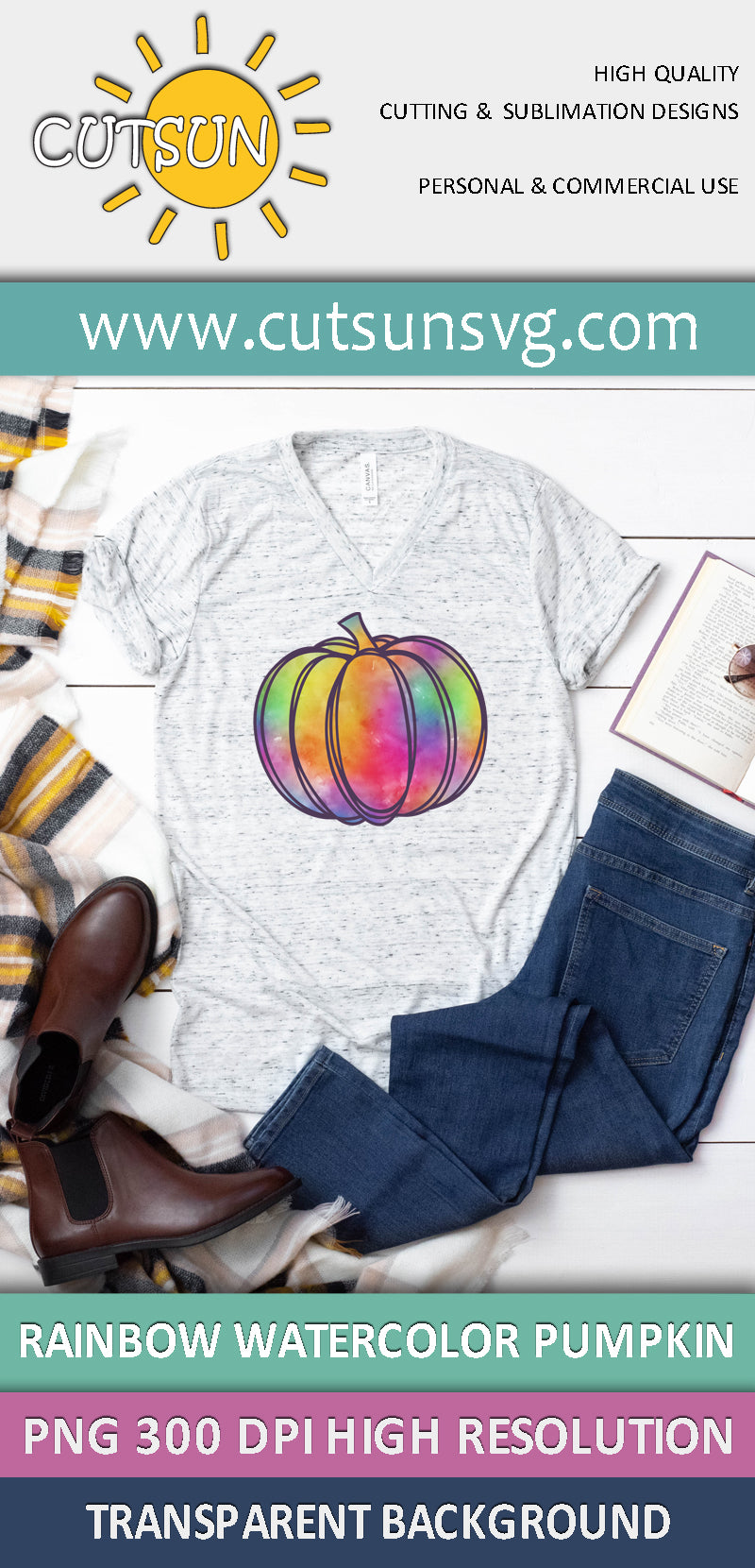 Rainbow Watercolor Pumpkin sublimation design