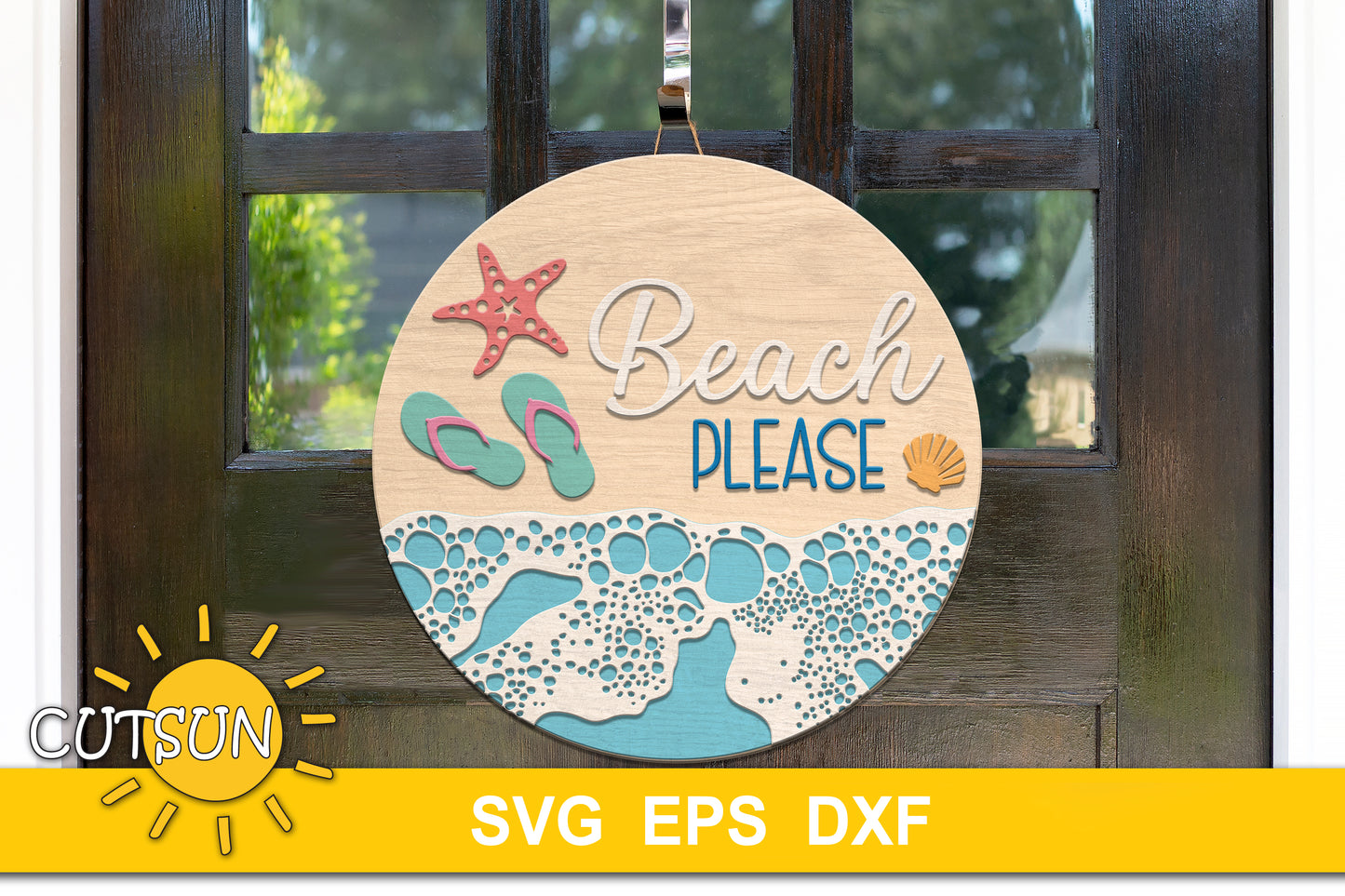 Layered beach door sign SVG with flip-flops, waves, starfish and “Beach Please” text – laser cut file for summer decor projects