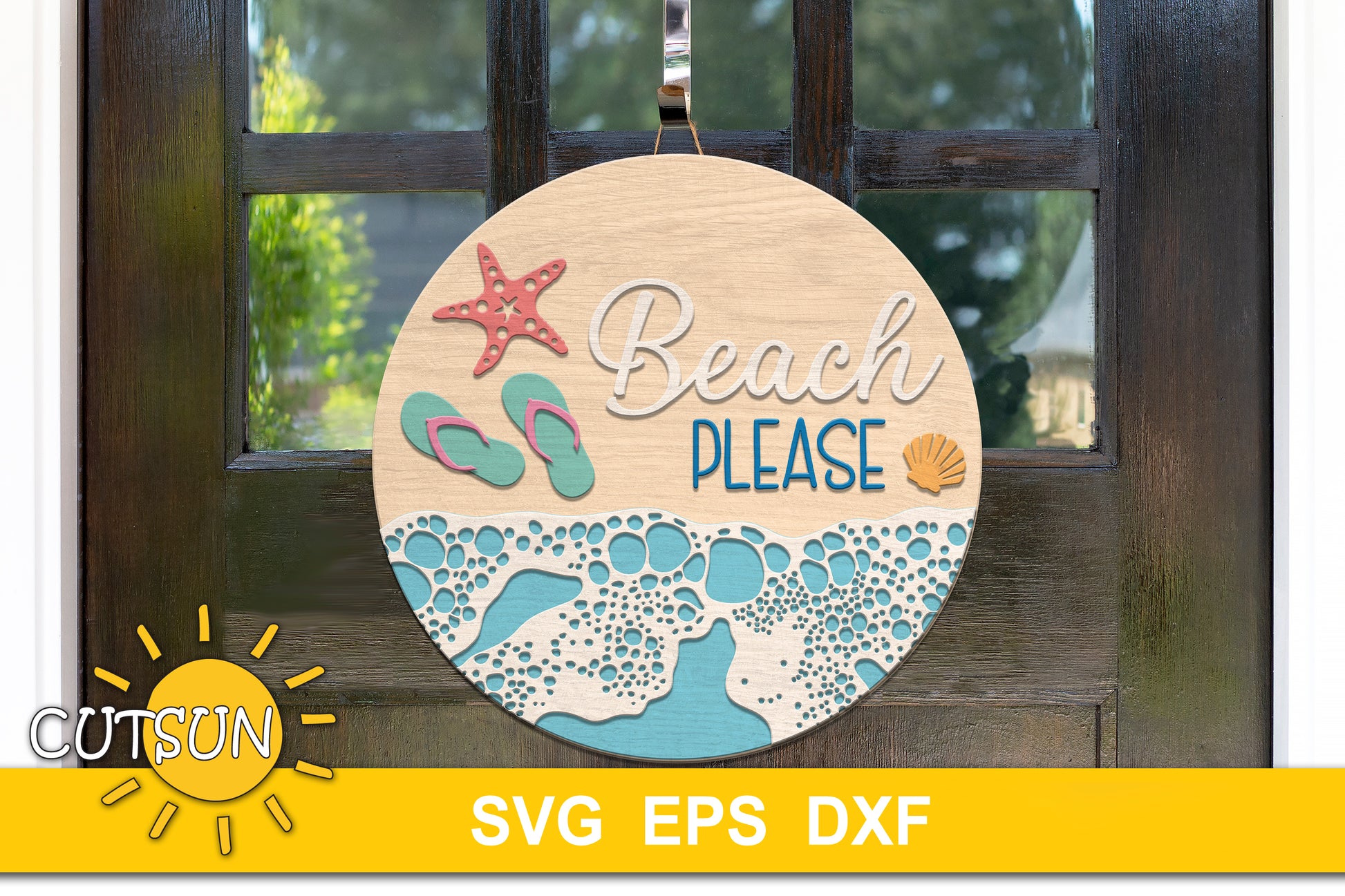 Layered beach door sign SVG with flip-flops, waves, starfish and “Beach Please” text – laser cut file for summer decor projects