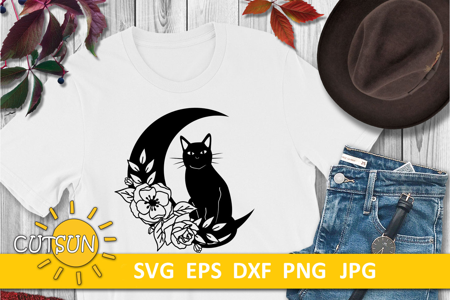 Floral Moon with a Black Cat SVG
