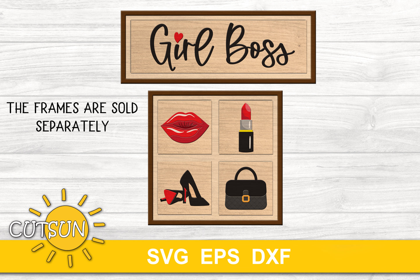 Girl Boss Leaning Sign SVG Bundle – Feminine Empowerment Designs with Heels, Lipstick, Purse & Lips for Interchangeable Backers | Laser Cut File