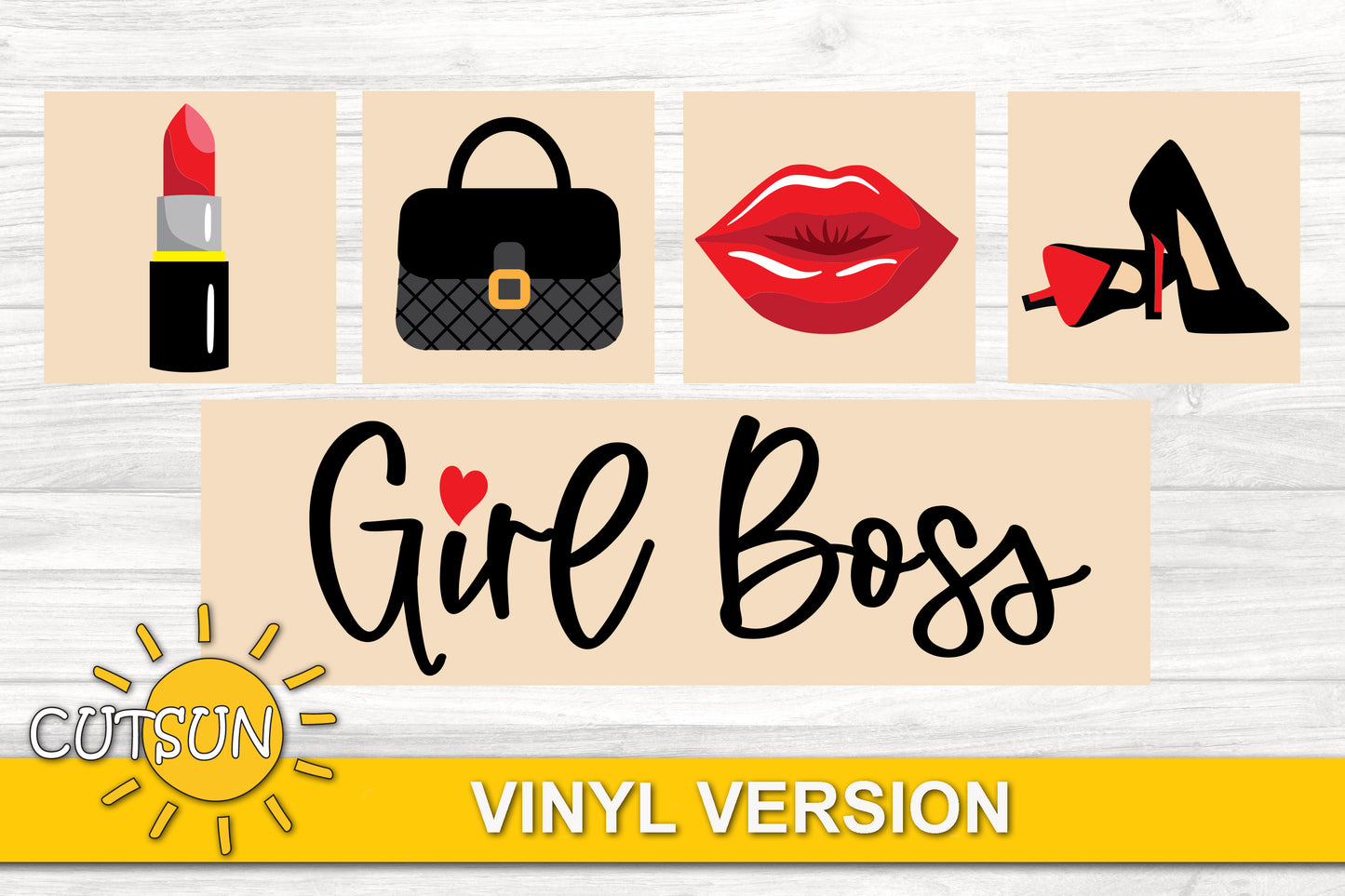 Girl Boss Leaning Sign SVG Bundle – Feminine Empowerment Designs with Heels, Lipstick, Purse & Lips for Interchangeable Backers | Laser Cut File