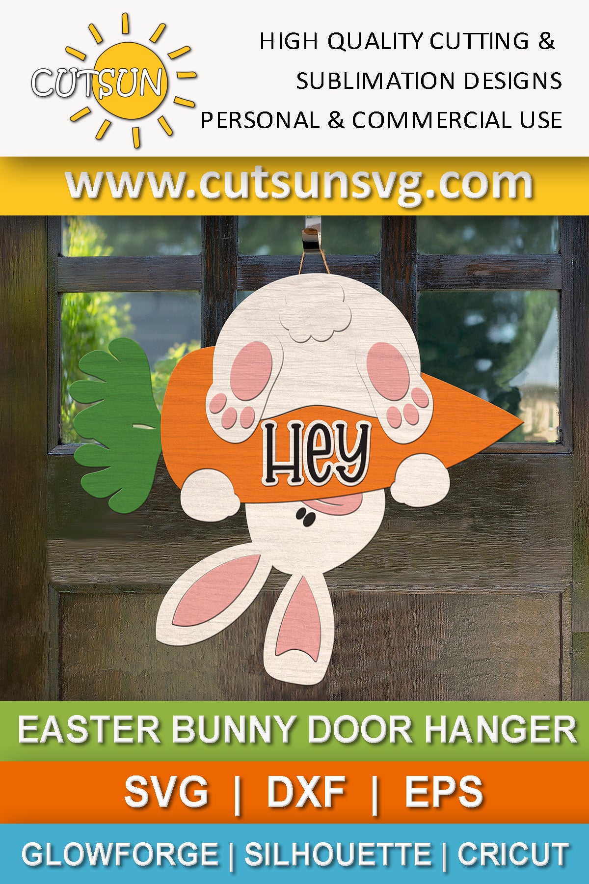 Easter Bunny Door Hanger SVG - Hanging Bunny with Carrot and "Hey" Laser Cut File