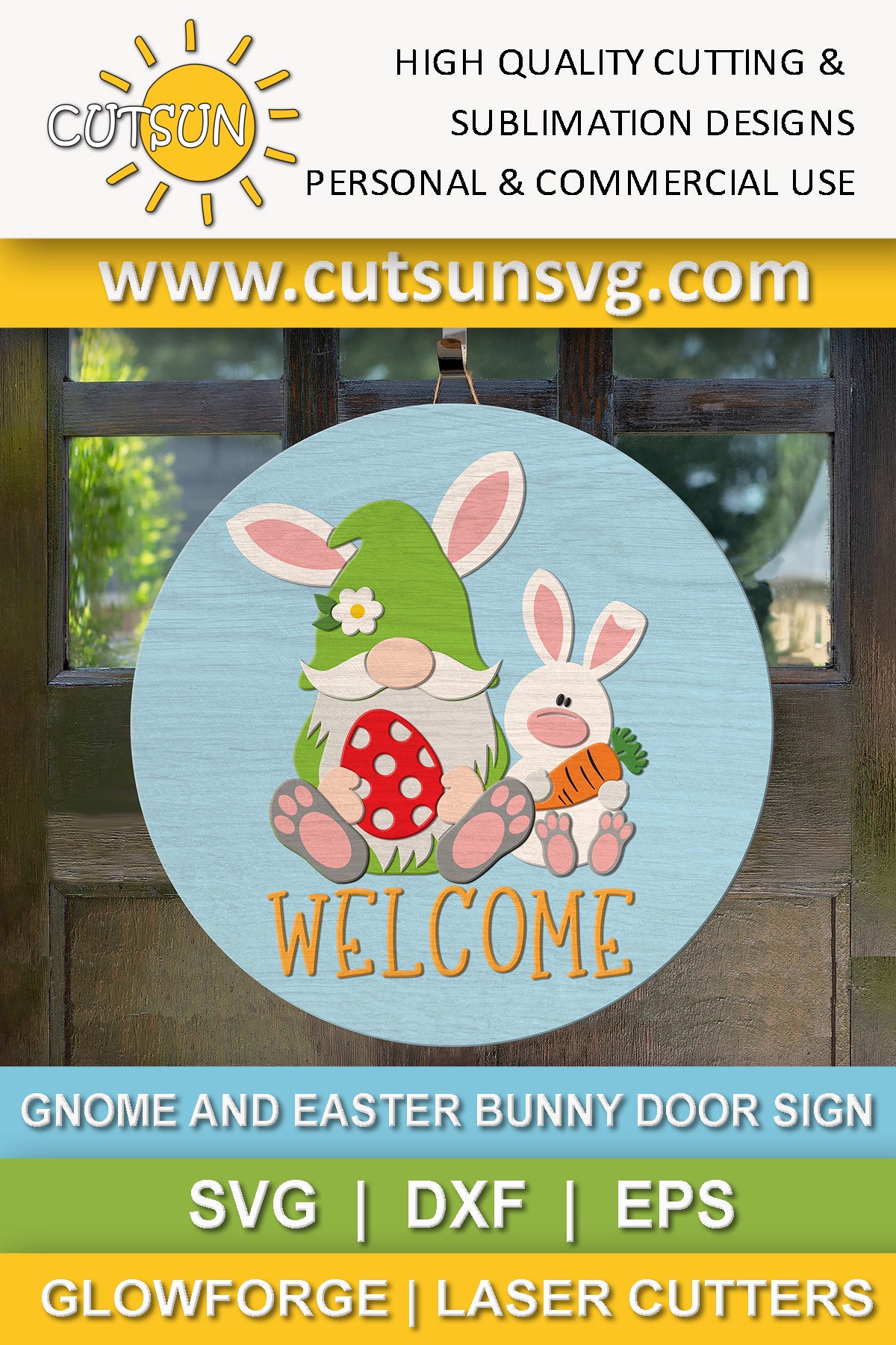 Gnome and Easter bunny welcome sign SVG