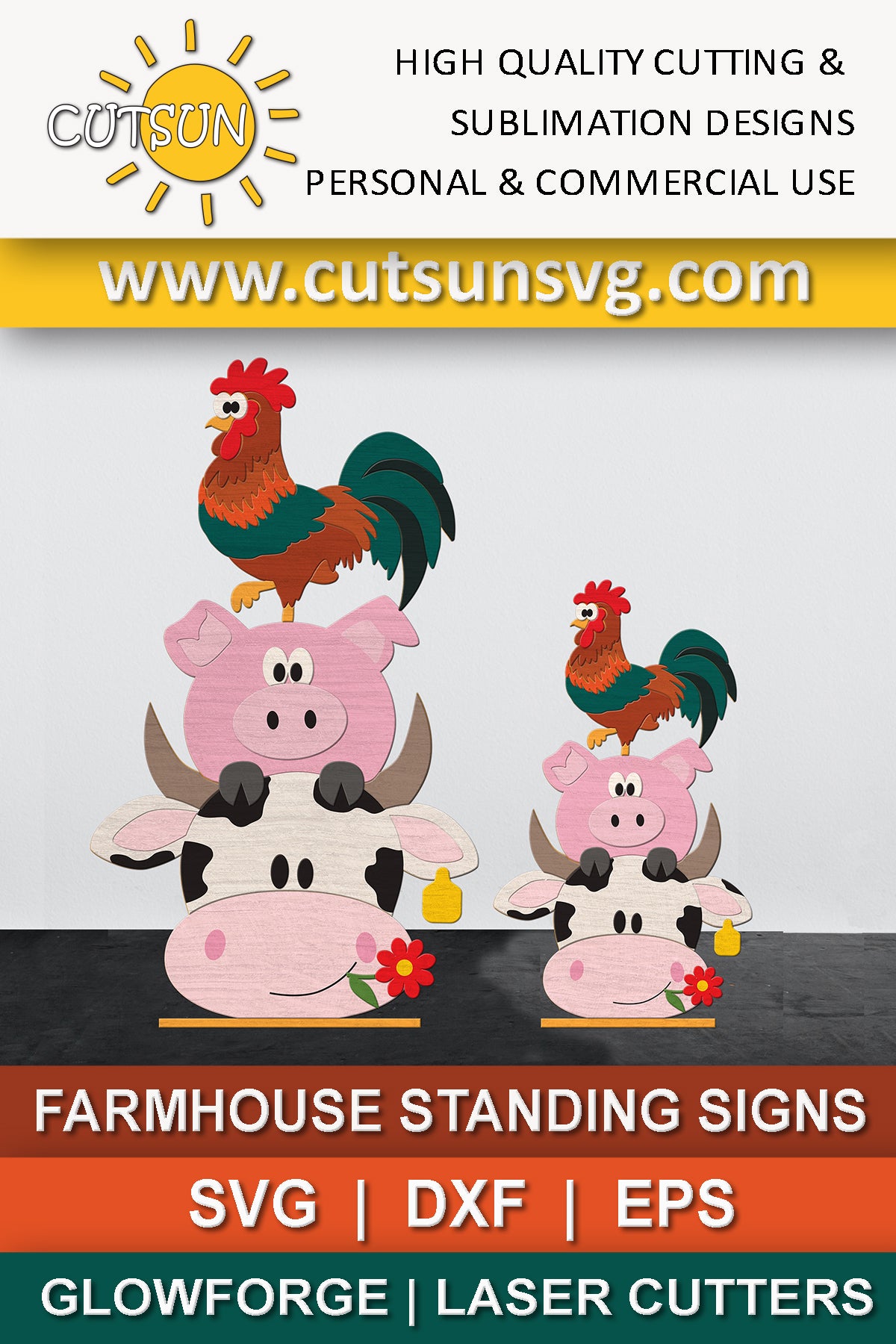 Farmhouse standing sign SVG | Cow, pig and rooster standing sign