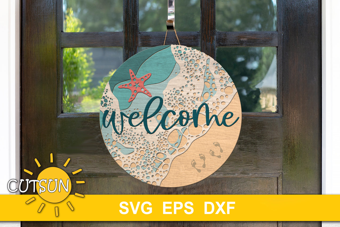 Beach round door hanger | Sea waves welcome sign SVG