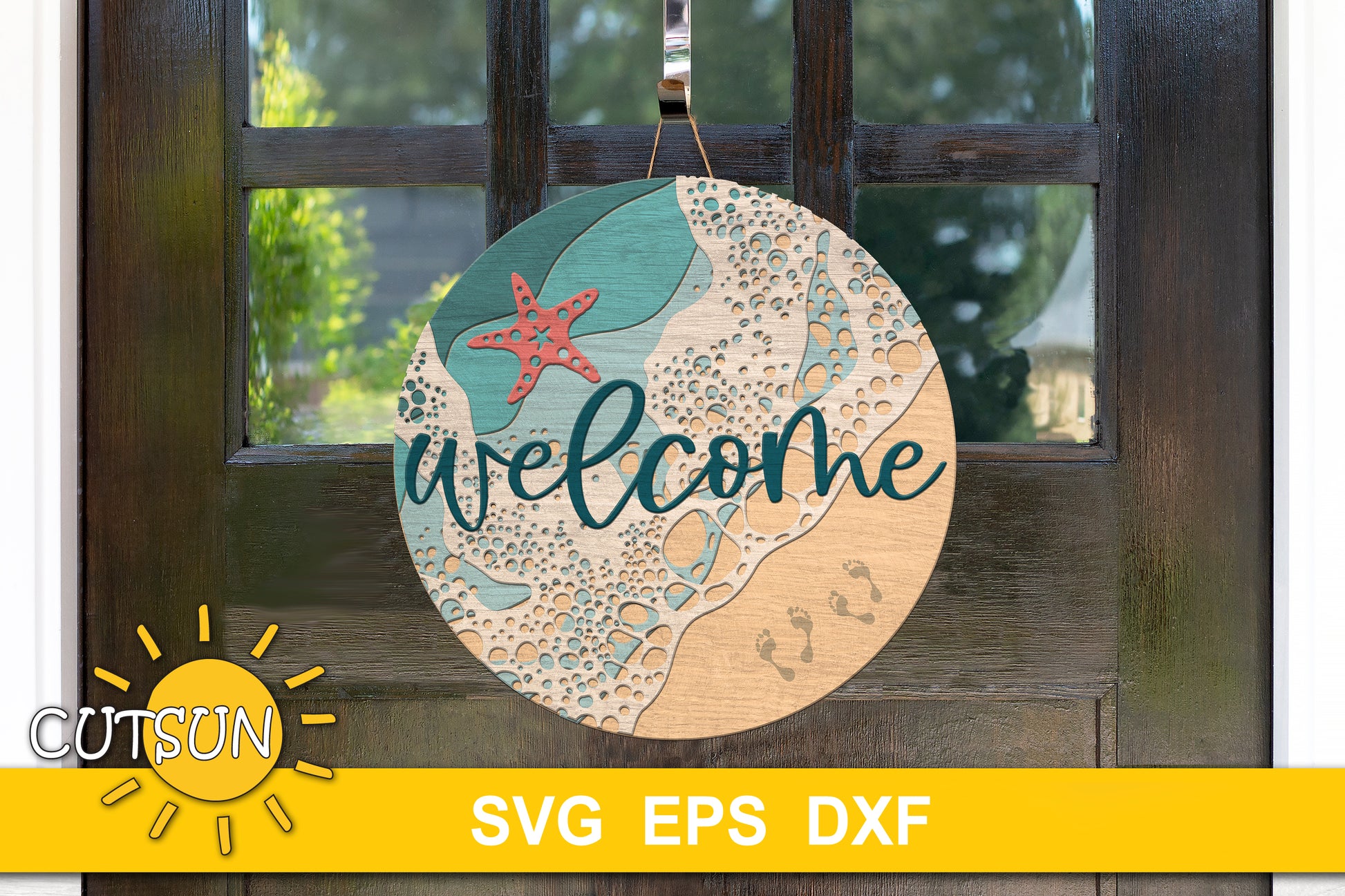 Layered beach door sign SVG with flip-flops, waves, starfish and “Beach Please” text – laser cut file for summer decor projects