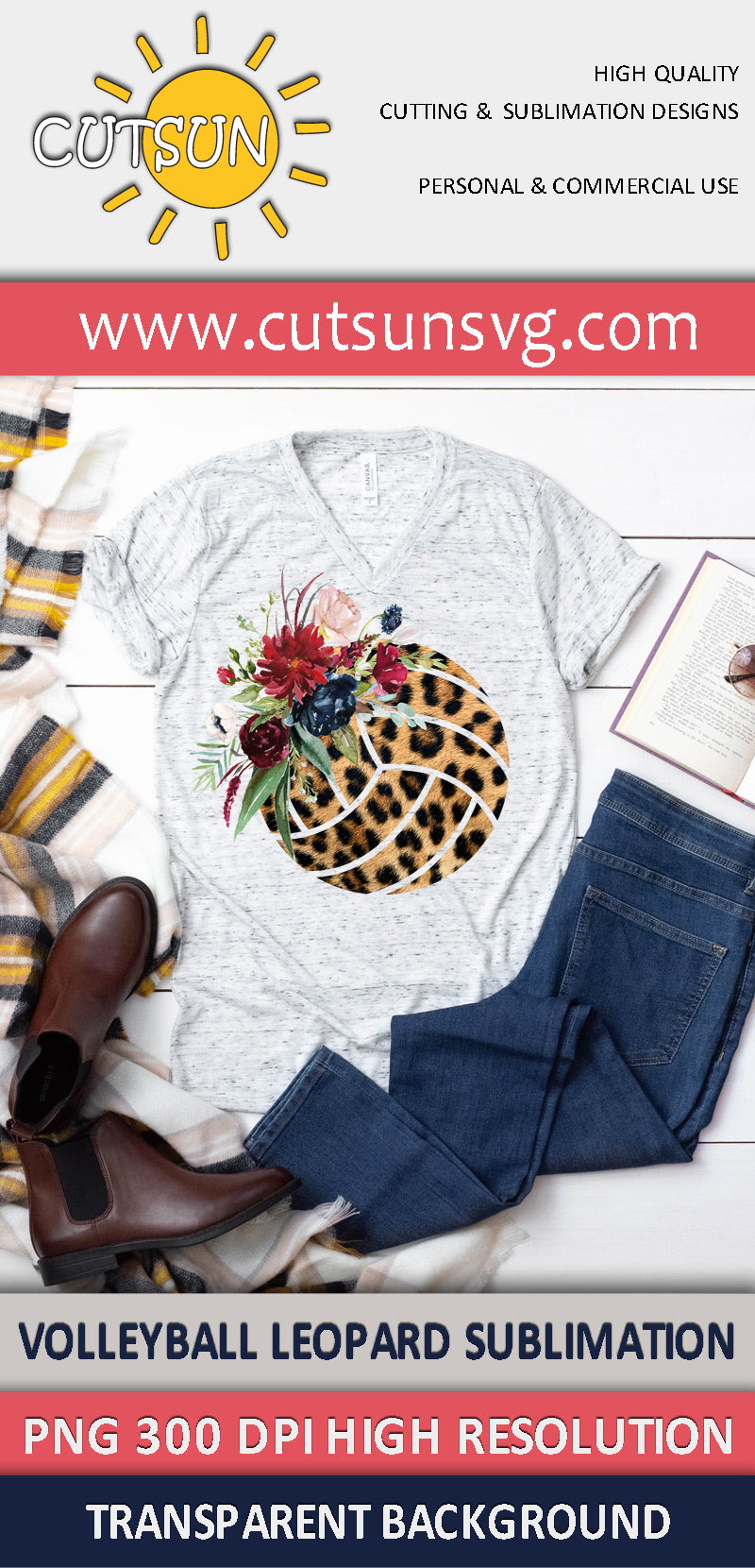Volleyball Leopard texture and Watercolor flowers sublimation design