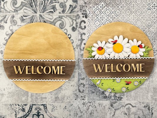 interchangeable round door sign base before and after adding a spring daisy add-on laser cut layered wood decor