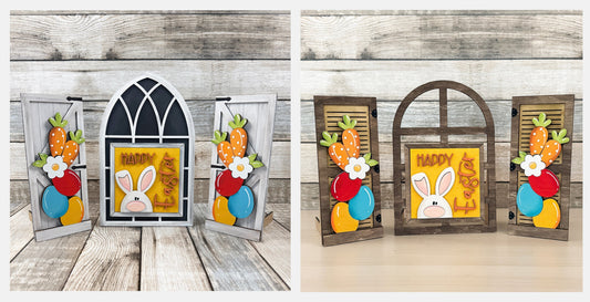interchangeable farmhouse window sign with Easter bunny add-on shown on two different bases, white farmhouse style and dark stained wood laser cut decor comparison