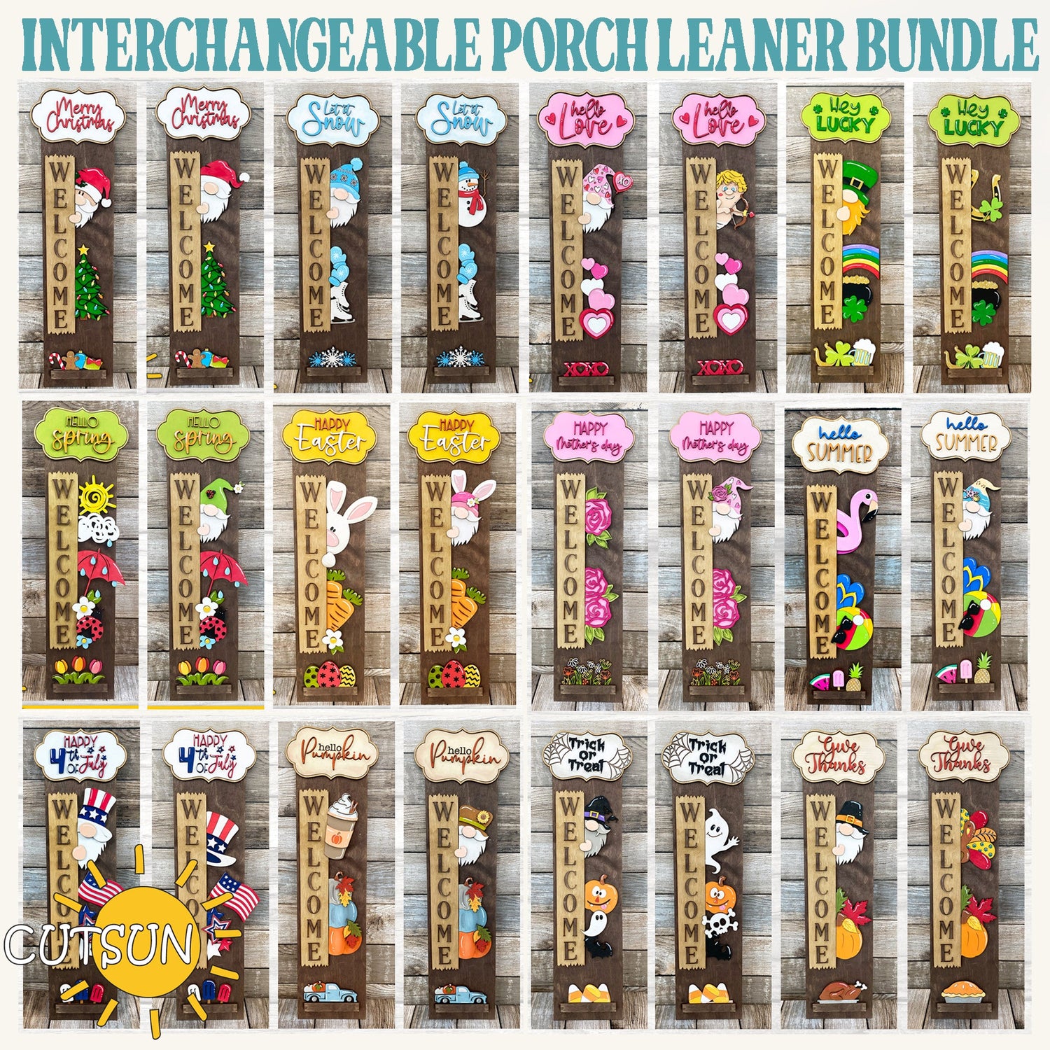Vertical interchangeable porch sign SVG bundle featuring 12 seasonal designs with and without gnomes – digital laser cut files for all occasions.