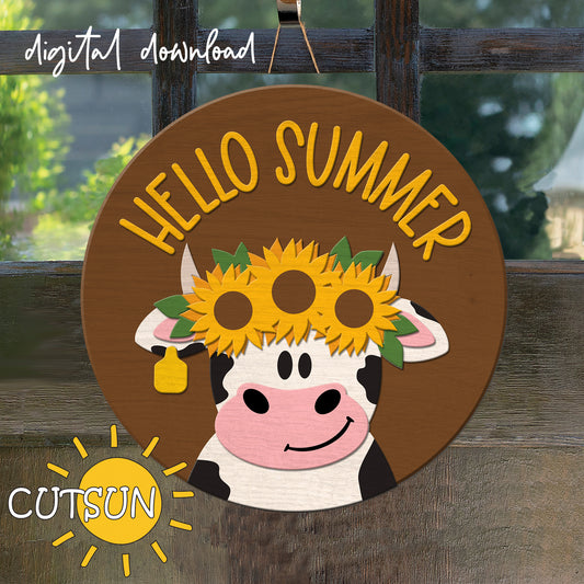 Hello summer Sunflowers door hanger svg Cow door sign SVG Sunflower svg Glowforge svg Laser cut file Cricut SVG (Copy)