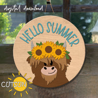 Hello summer Sunflowers door hanger svg  Highland Cow door sign SVG Sunflower svg Glowforge svg Laser cut file Cricut SVG