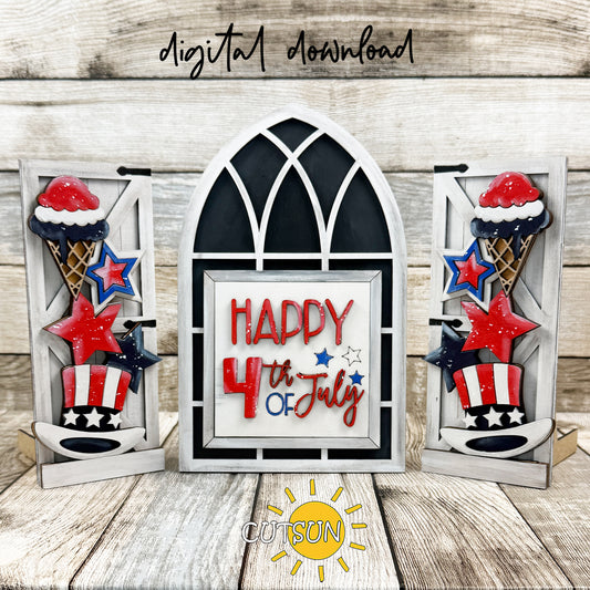 4th of July farmhouse window interchangeable add-on with patriotic stars and red white blue decorations for laser cutting