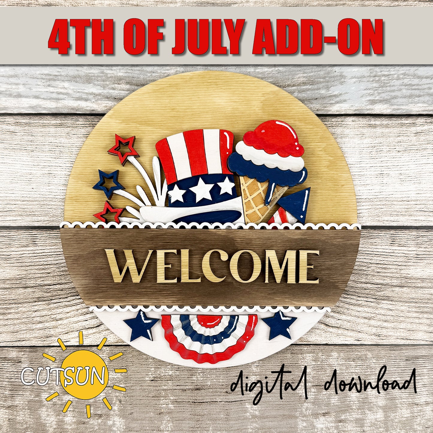 Patriotic 4th of July add-on insert for interchangeable round welcome sign with Uncle Sam hat and fireworks