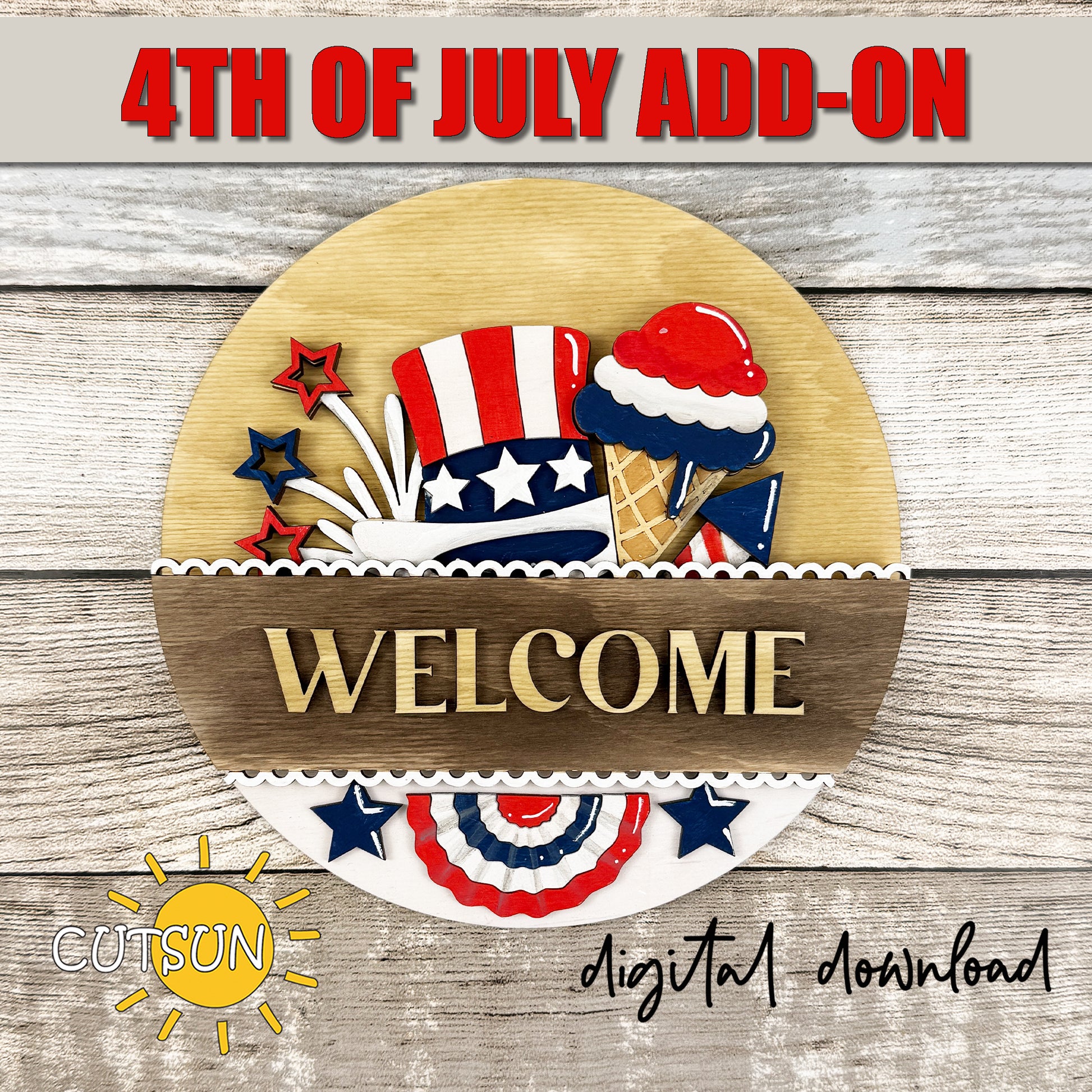 Patriotic 4th of July add-on insert for interchangeable round welcome sign with Uncle Sam hat and fireworks