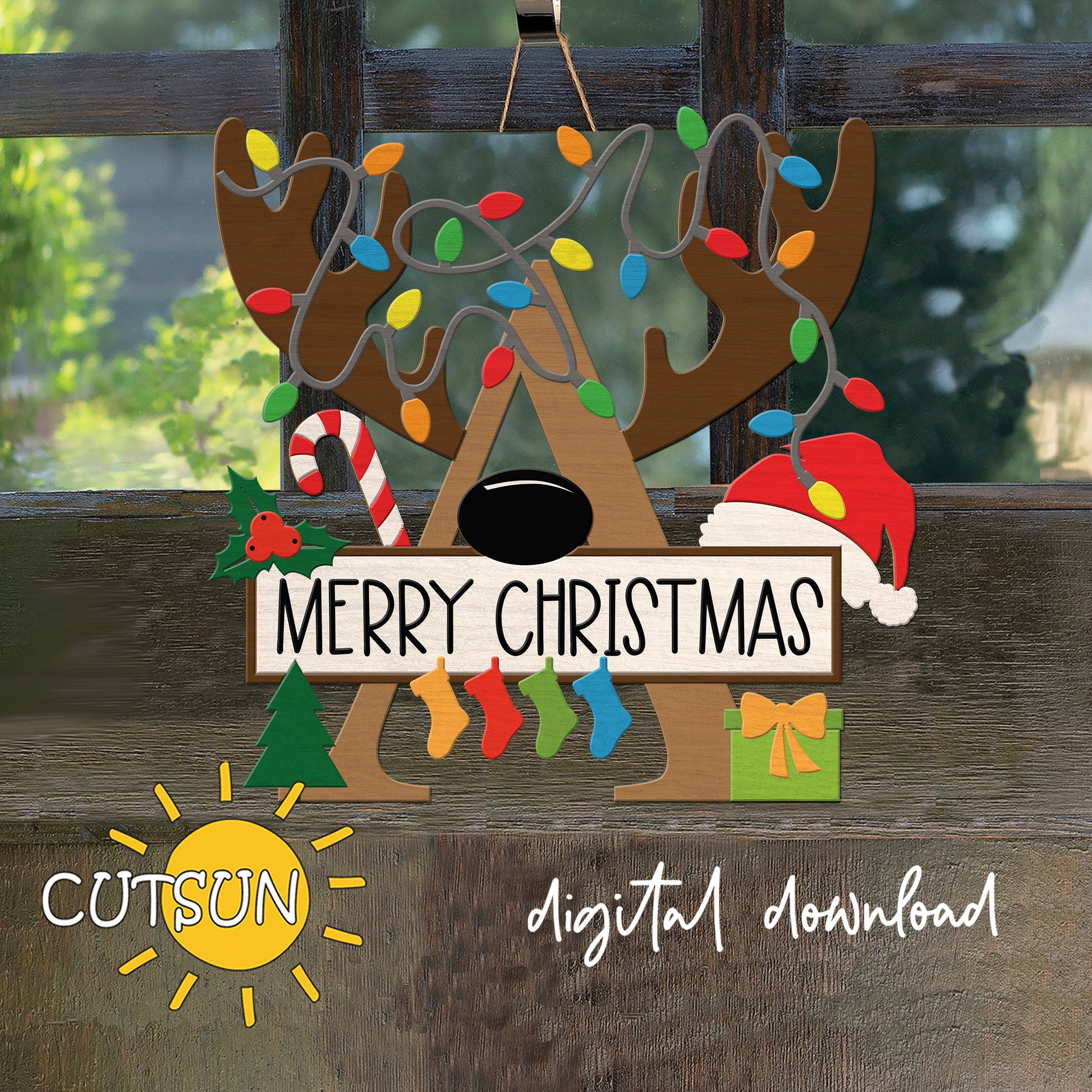 Laser cut Christmas door sign - monogram letter A with antlers, Christmas lights, candy cane, holly berry, a Christmas tree, a present, Santa hat and four stockings.