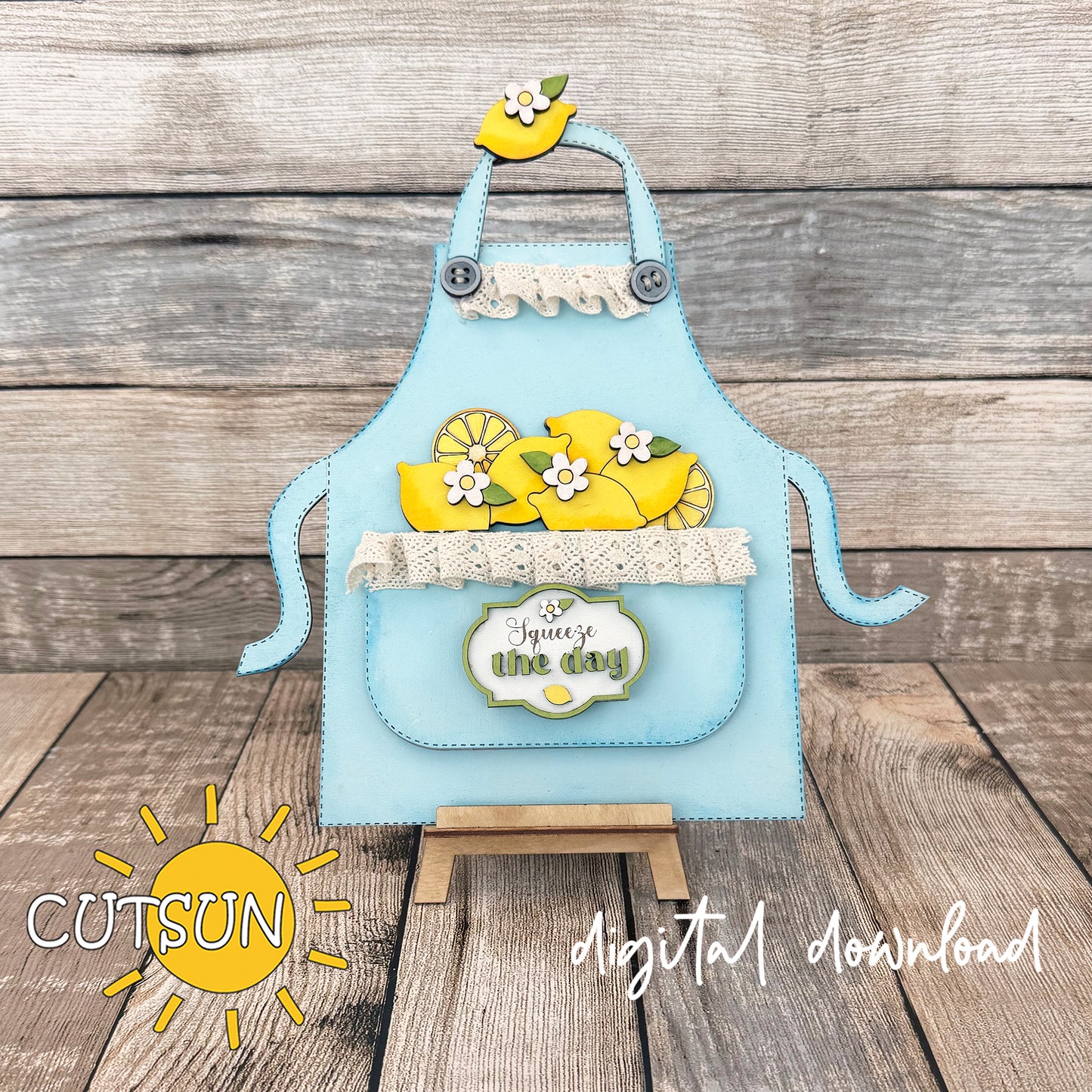Lemon-themed SVG add-on for apron shelf sitter with sliced lemons, blossoms, and “Squeeze the Day” plaque – laser cut file