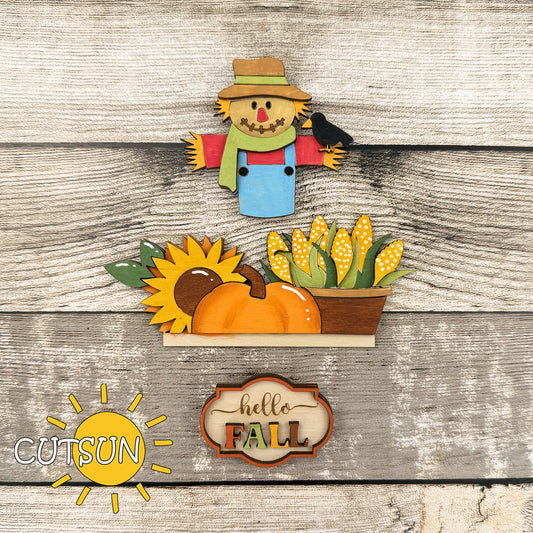 Fall Add-On SVG for Interchangeable Apron Shelf Sitter – Scarecrow, Pumpkin, Corn & Sunflower Laser File