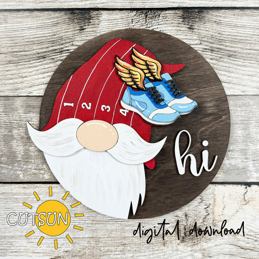 Athletics gnome round door hanger with running-track hat and winged sneakers – layered SVG laser cut design.