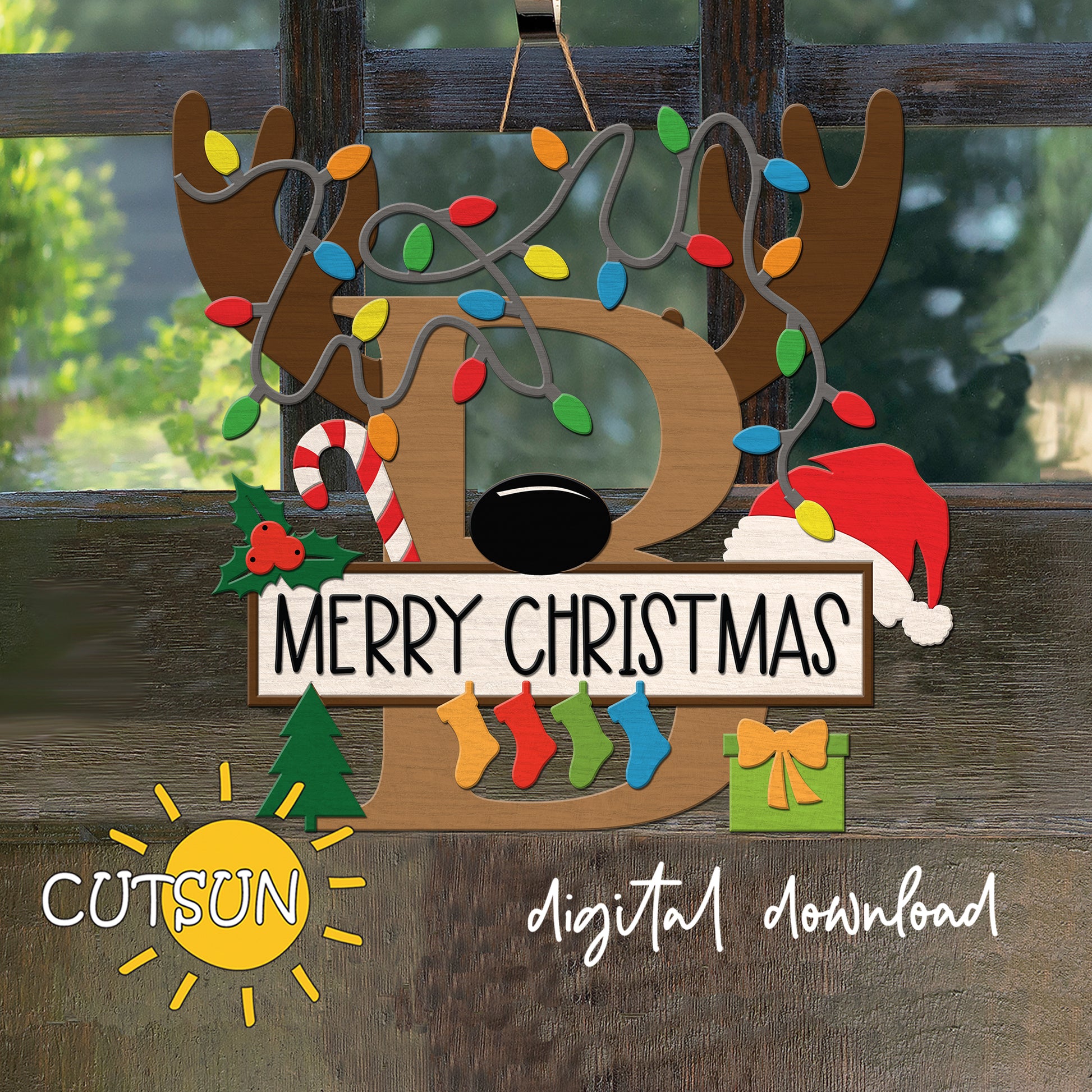 Laser cut Christmas door sign - monogram letter B with antlers, Christmas lights, candy cane, holly berry, a Christmas tree, a present, Santa hat and four stockings.