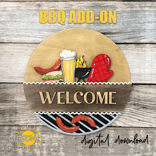 BBQ interchangeable round sign add-on with burger, sausages, beer, grill, and oven mitt layered laser cut design
