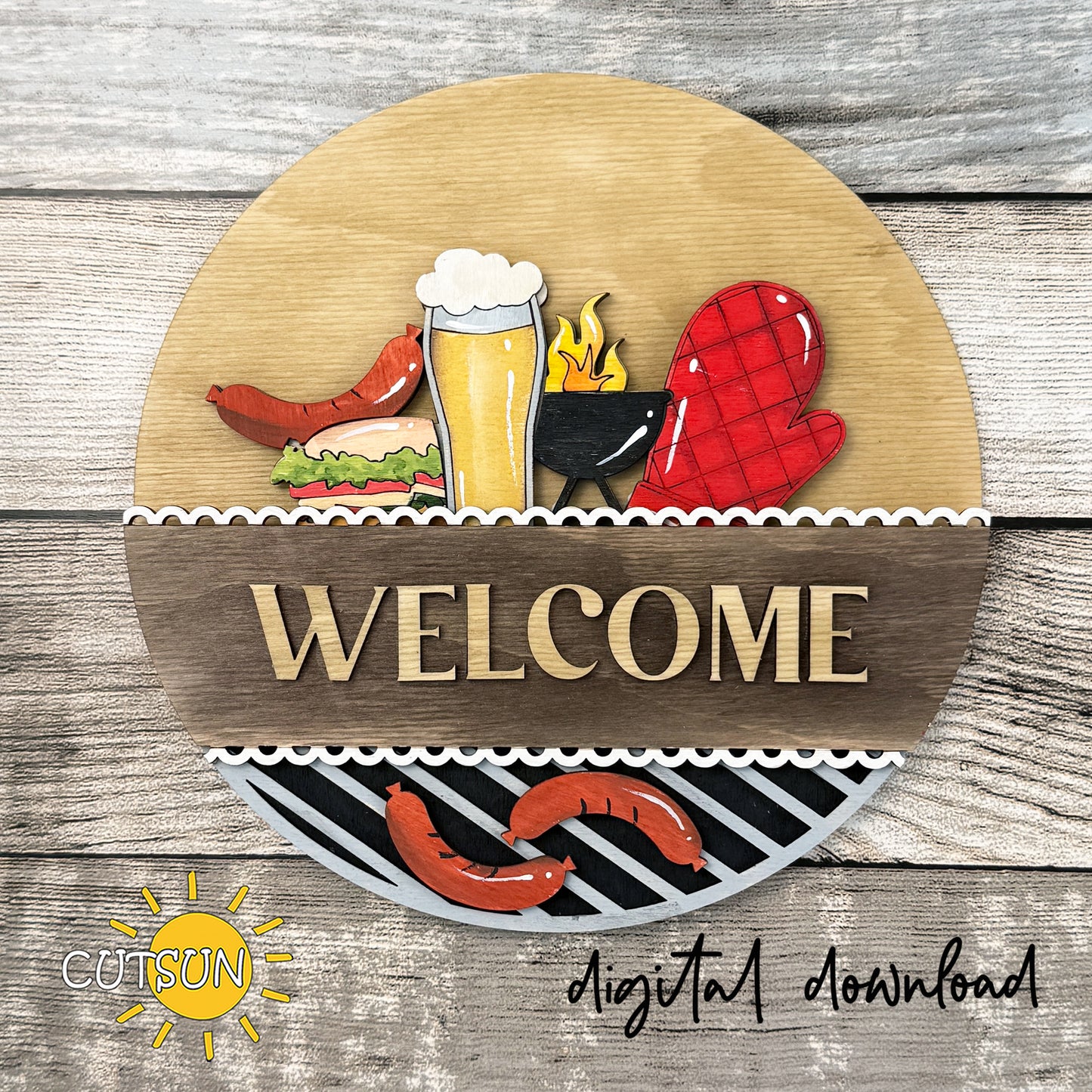 BBQ Add-On for Interchangeable Round Sign | Summer Door Hanger SVG | Barbecue Laser Cut File | Grill Decor Insert