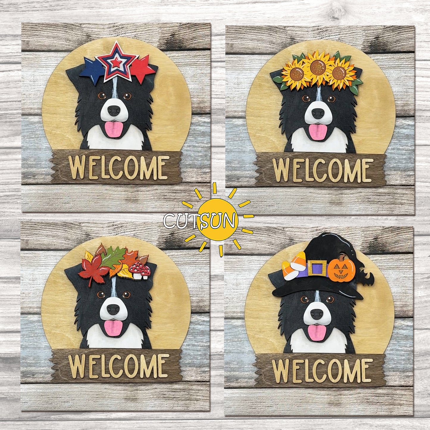 Border Collie Interchangeable Door Sign SVG | Round Dog Welcome Sign Base | Laser Cut File