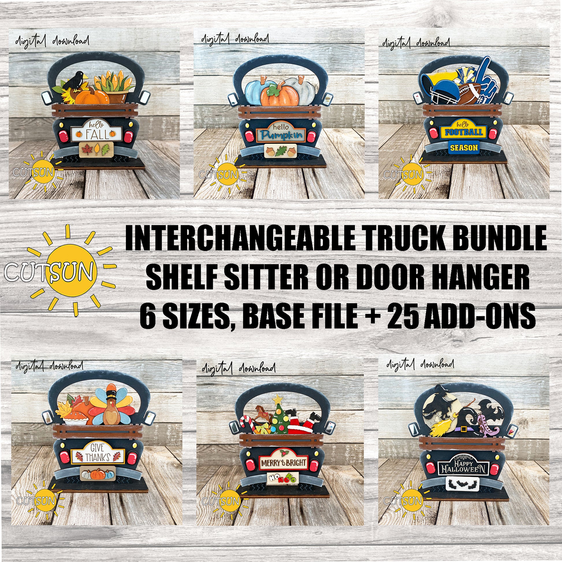 Interchangeable farmhouse truck SVG bundle with base file and 25 seasonal add-ons for laser cutting in multiple sizes.