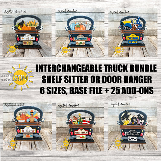 Interchangeable farmhouse truck SVG bundle with base file and 25 seasonal add-ons for laser cutting in multiple sizes.