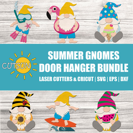 Summer Gnome Door Hanger SVG Bundle | Beach Gnomes Surf Float Ice Cream Watermelon Sunflower SVG | Summer Welcome Sign Laser Cut File