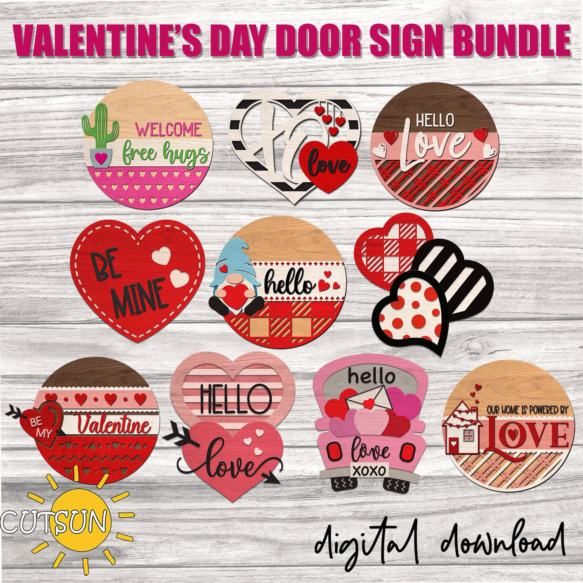 Valentine's Day door signs bundle with various designs on a wooden background.