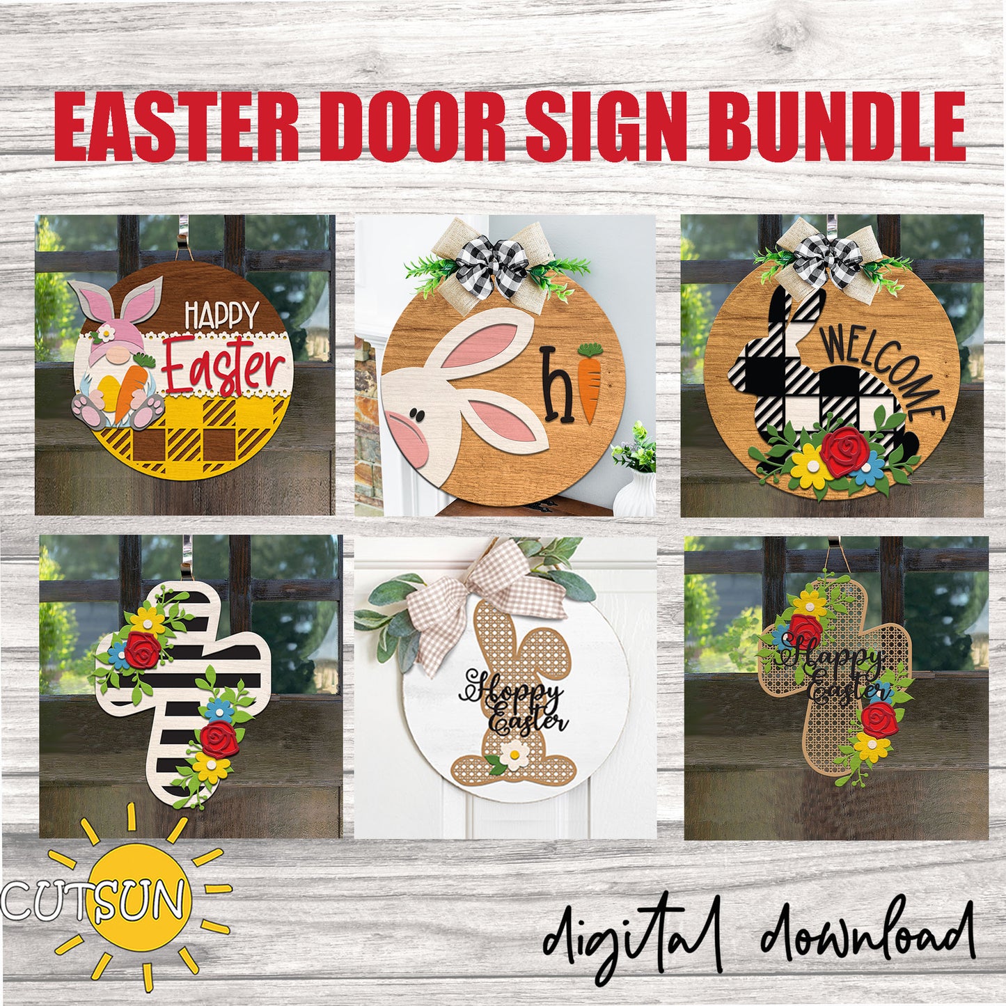 Easter door sign bundle with various designs on a wooden background, featuring the brand 'Cutsun'.