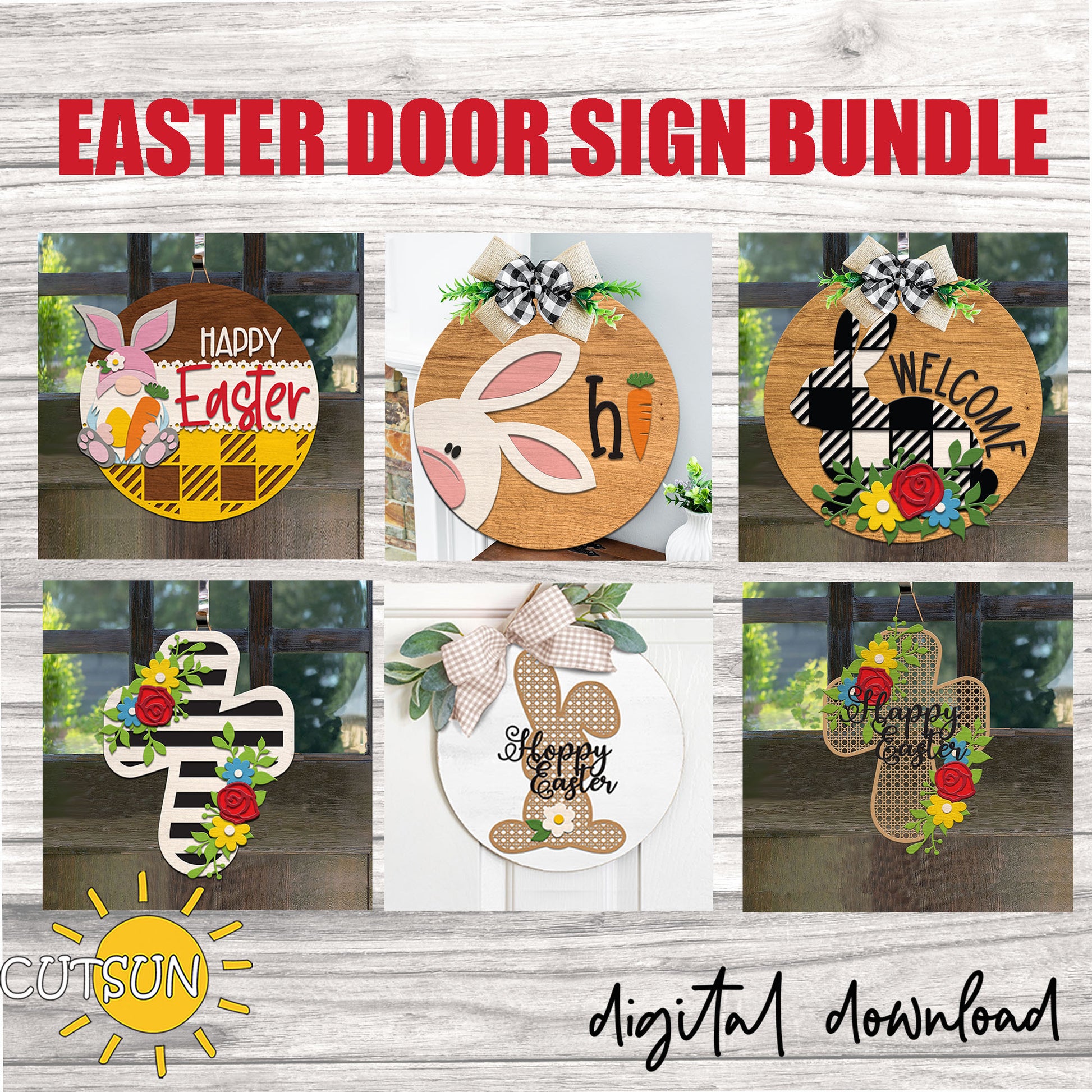 Easter door sign bundle with various designs on a wooden background, featuring the brand 'Cutsun'.