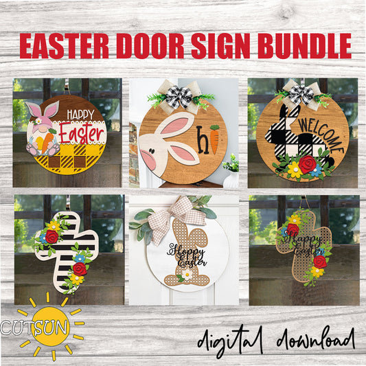 Easter door sign bundle with various designs on a wooden background, featuring the brand 'Cutsun'.