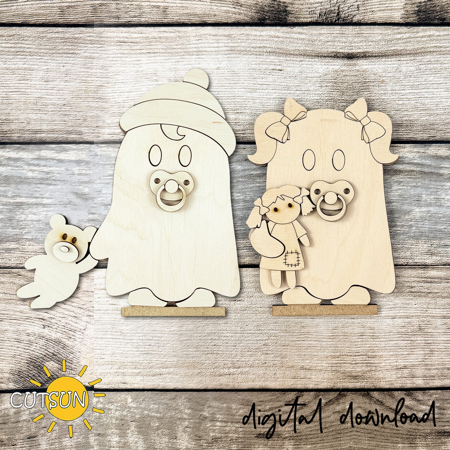 Baby Boo Duo SVG – Cute Ghost Shelf Sitters with Teddy Bear and Rag Doll